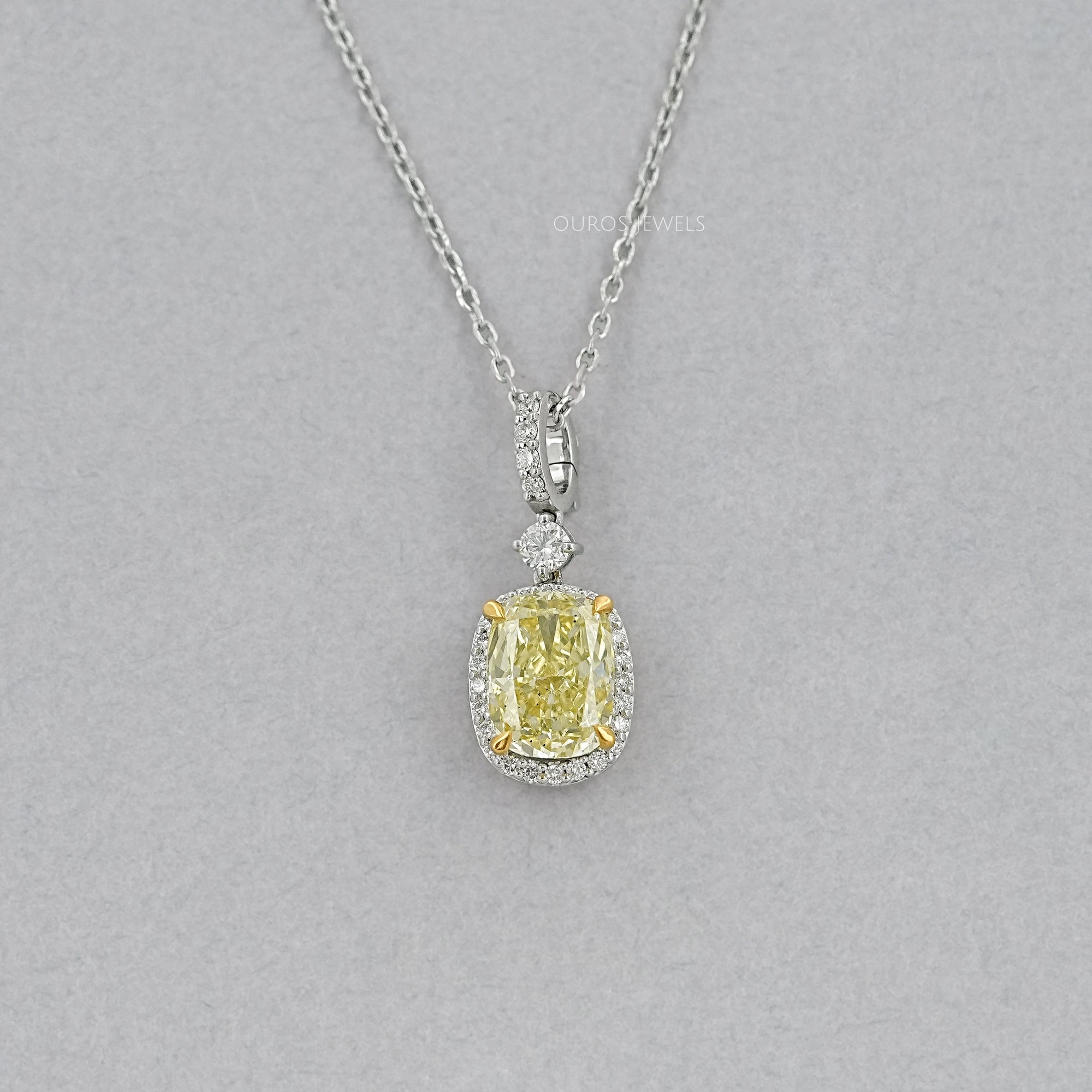 Fancy Intense Yellow Cushion Diamond Halo Pendant Necklaces