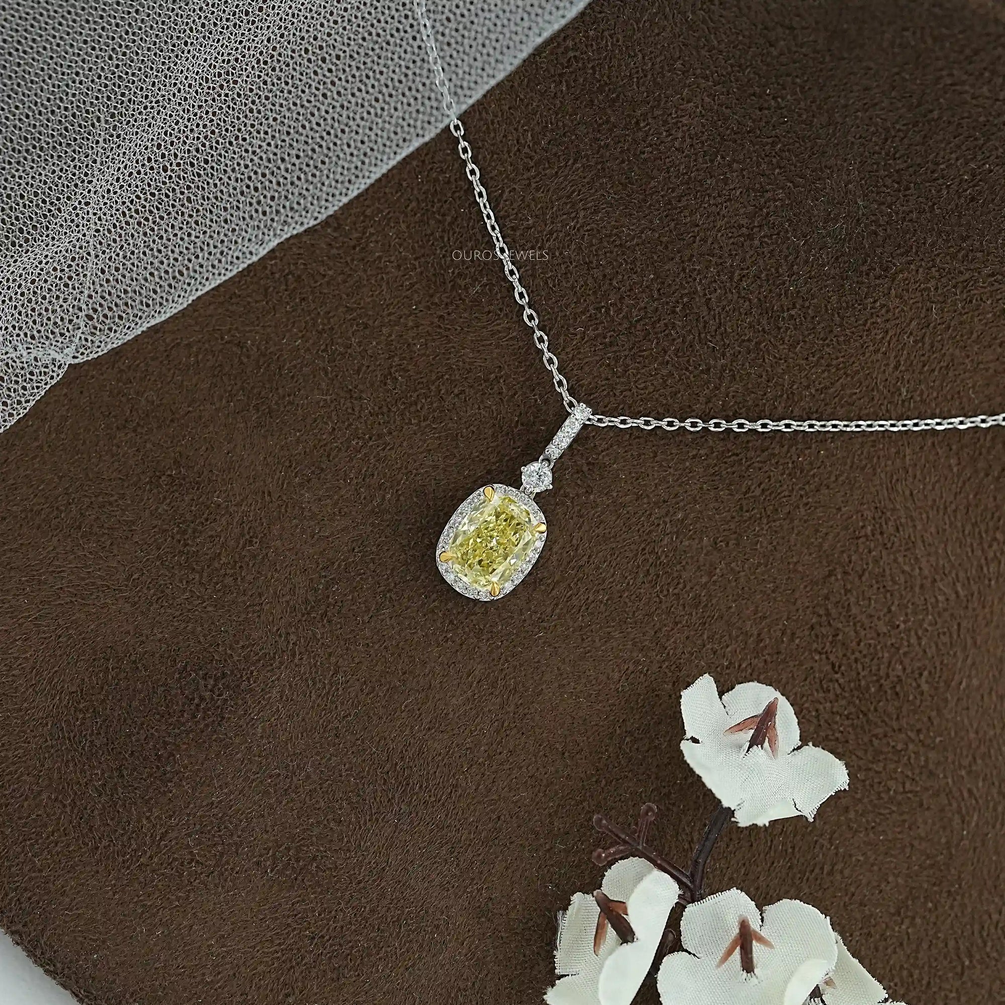 Fancy Intense Yellow Cushion Diamond Halo Pendant Necklaces