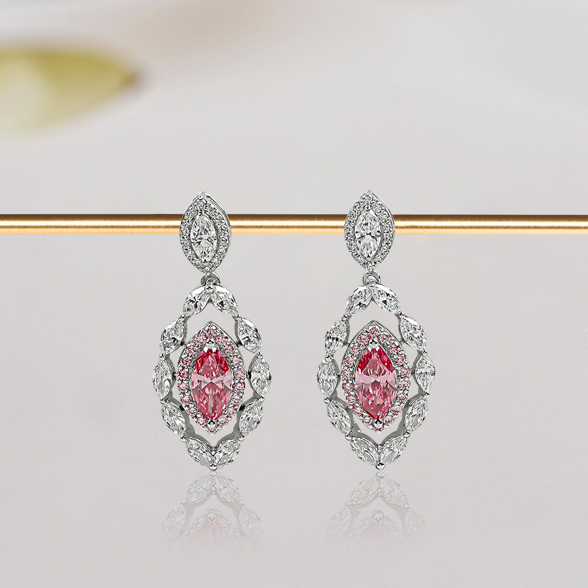 Fancy Pink Marquise Shape Double Halo Earrings Earrings