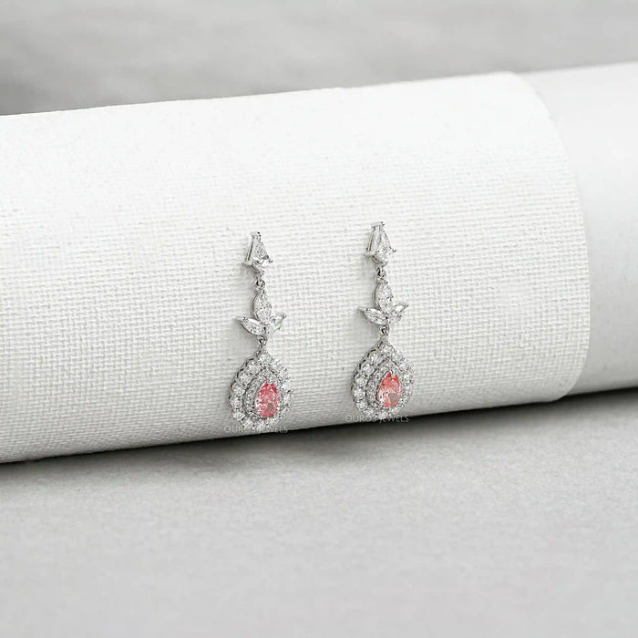 Pink Pear Shape Double Halo Drop Earrings