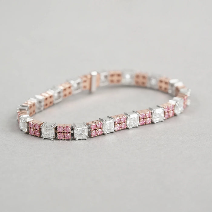 Asscher Cut Pink Round Lab Diamond Tennis Bracelet