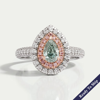 Fancy Vivid Green Pear Cut Lab Diamond Halo Ring Ring