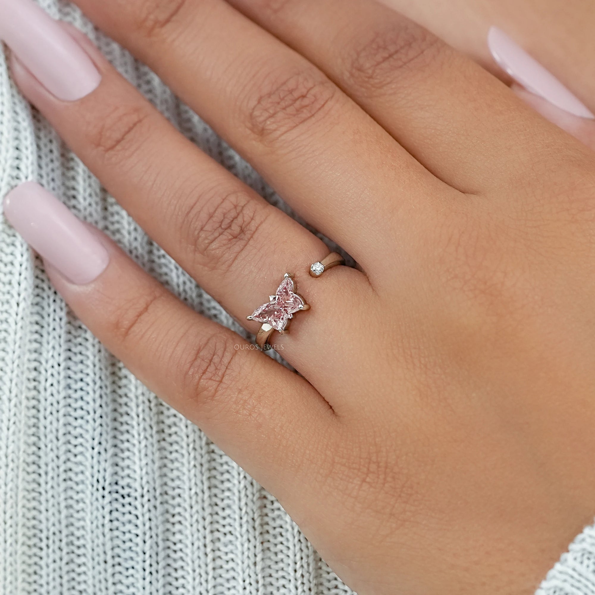 Fancy Vivid Pink Butterfly Cut Diamond Open Cuff Ring Ring