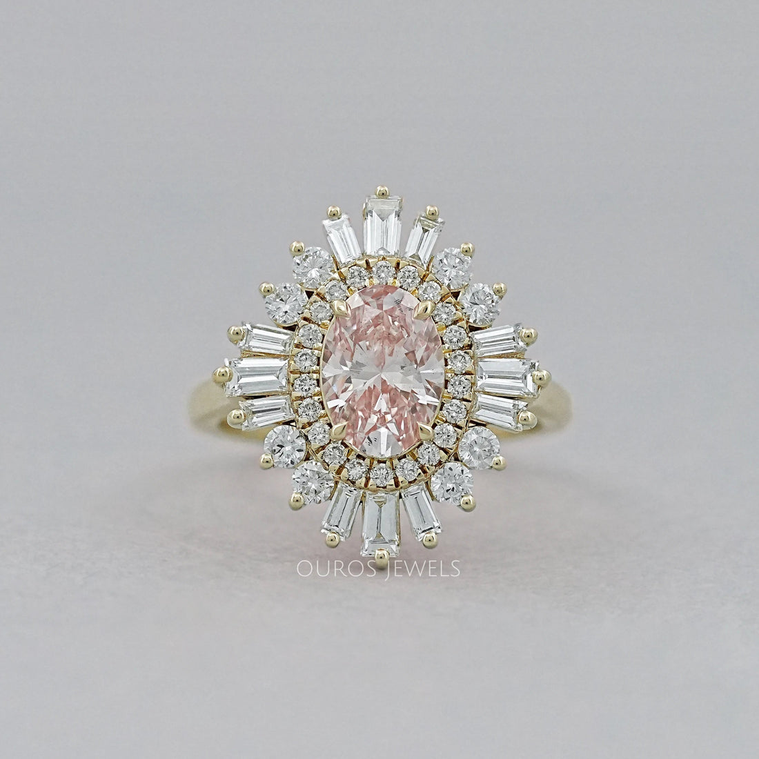 Fancy Vivid Pink Oval Cut Double Halo Sunbrust Ring Rings