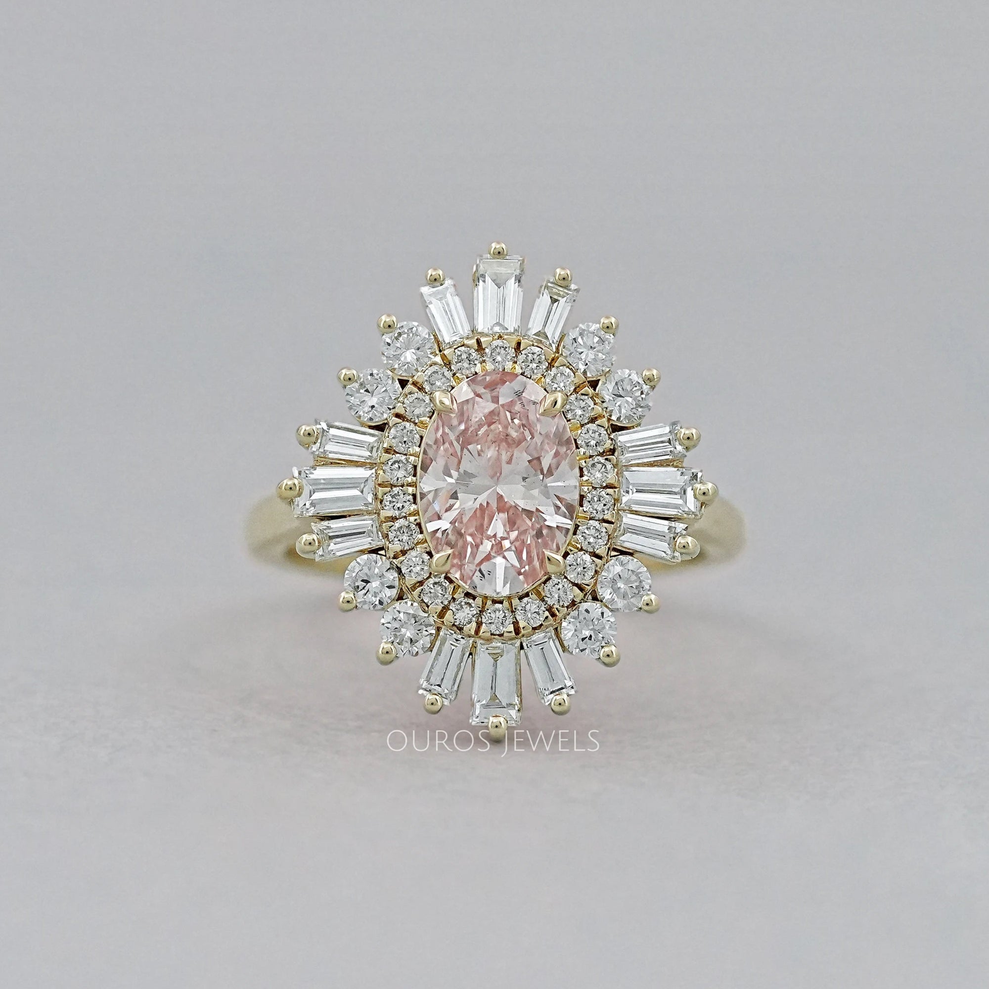 Fancy Vivid Pink Oval Cut Double Halo Sunbrust Ring Rings