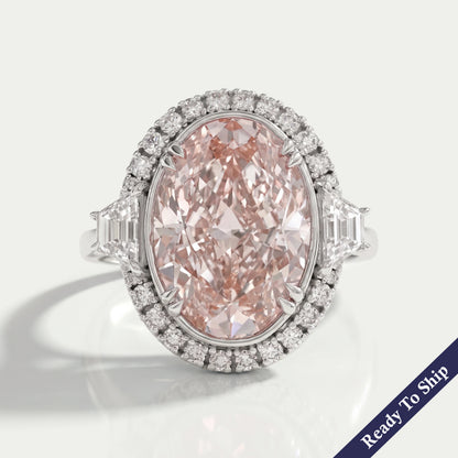 Pink Oval Cut With Trapezoid Accent Halo Engagement Ring Rings