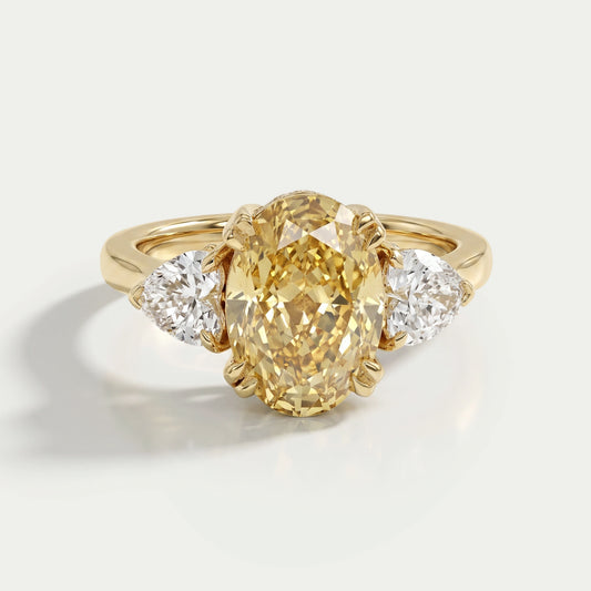 Fancy Vivid Yellow Oval Cut Hidden Halo Three Stone Ring Ring