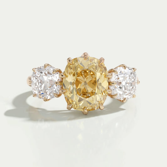 Fancy Yellow Old Mine Cushion Diamond Three Stone Ring Rings
