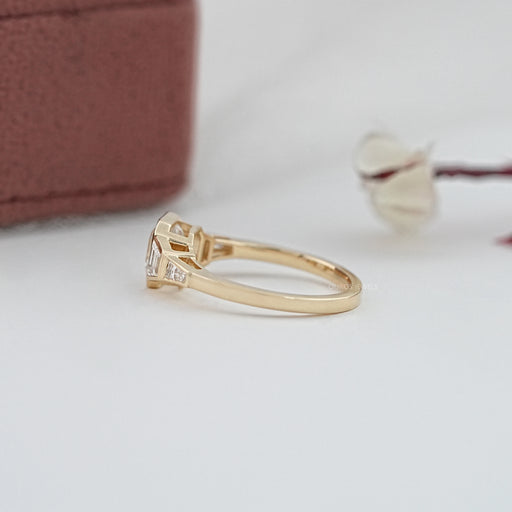 side view of asscher and trapezoid cut lab diamond bezel five stone wedding ring