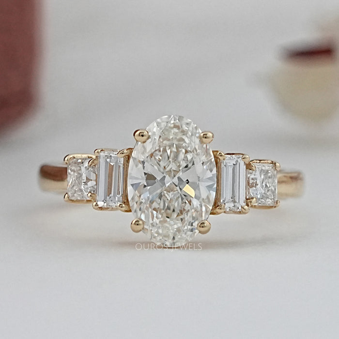 Oval And Baguette Diamond Five Stone Engagement Ring