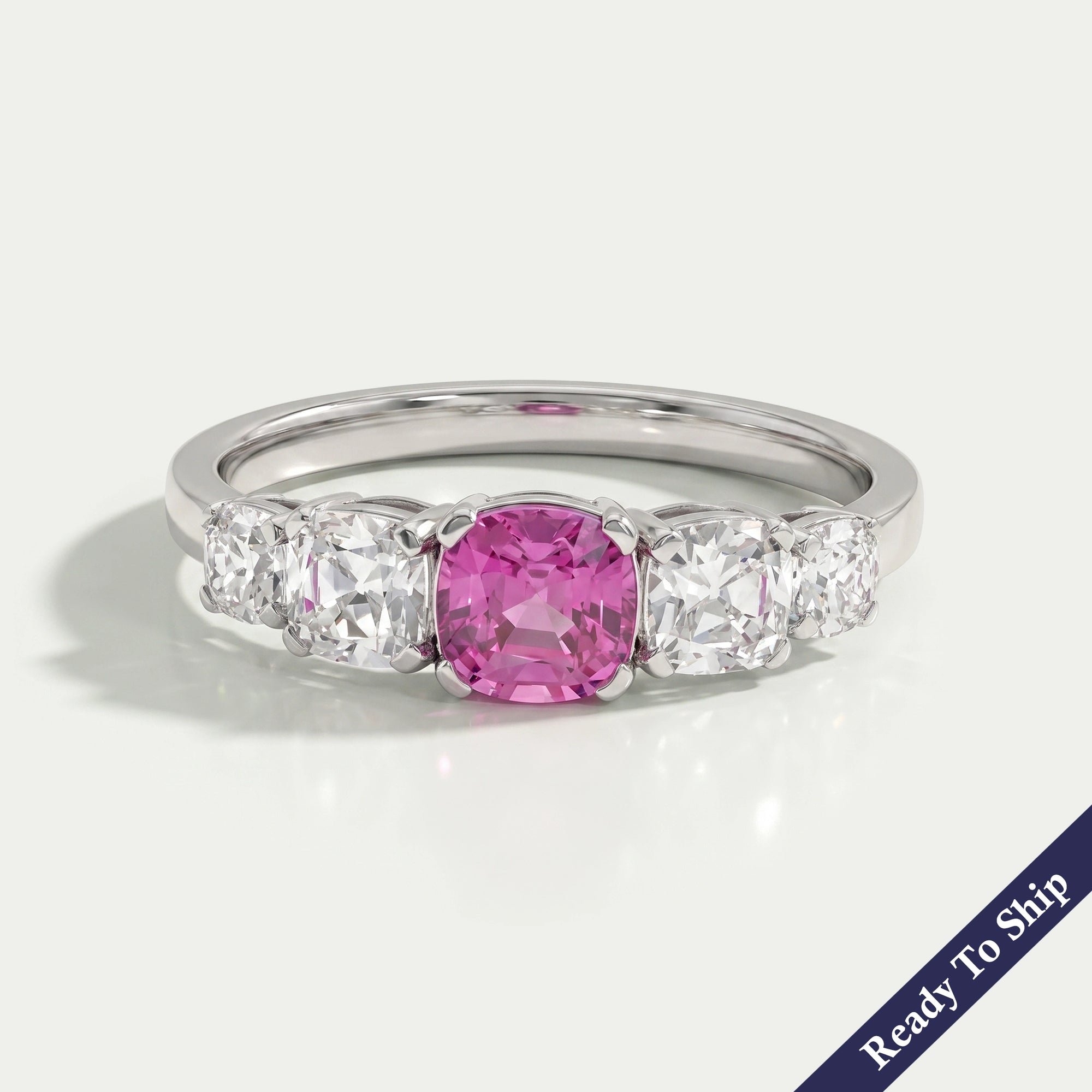 Five Stone Pink Square Cushion Cut Engagement Ring