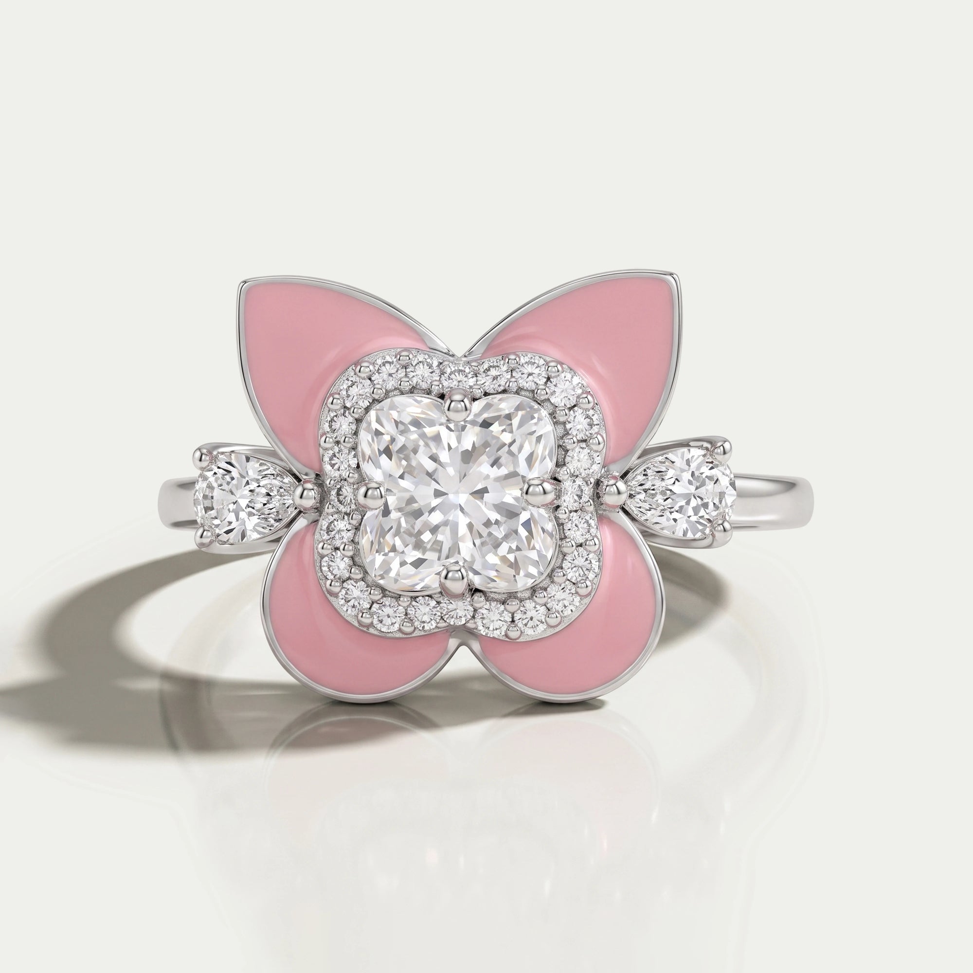 Floral Diamond With Pink Enamel Ring Ring