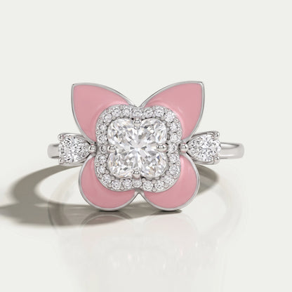 Floral Diamond With Pink Enamel Ring Ring