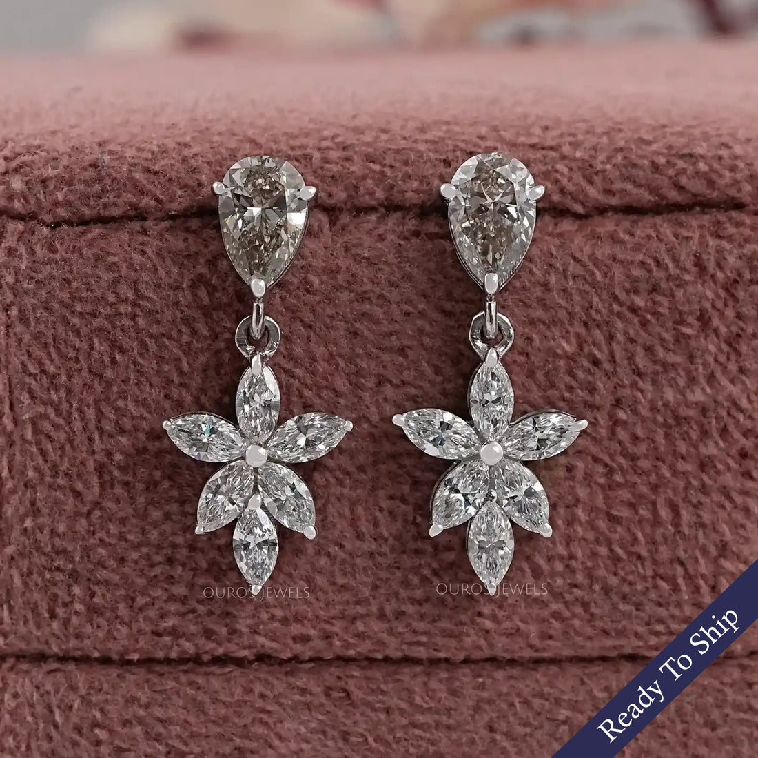 Olive Pear Lab Diamond Floral Drop Earrings Earrings