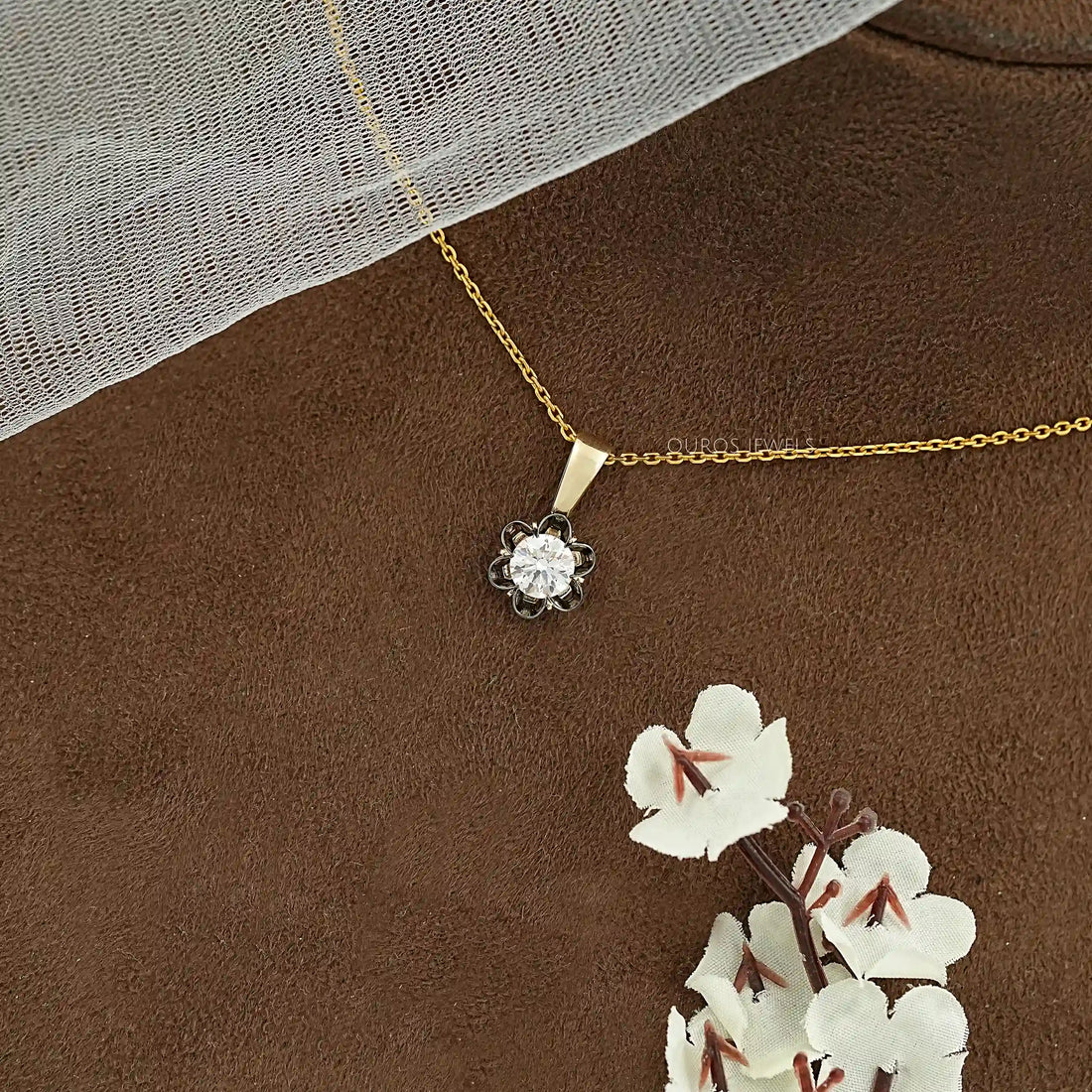 Round Lab Diamond Black Coated Flower Pendant Necklaces