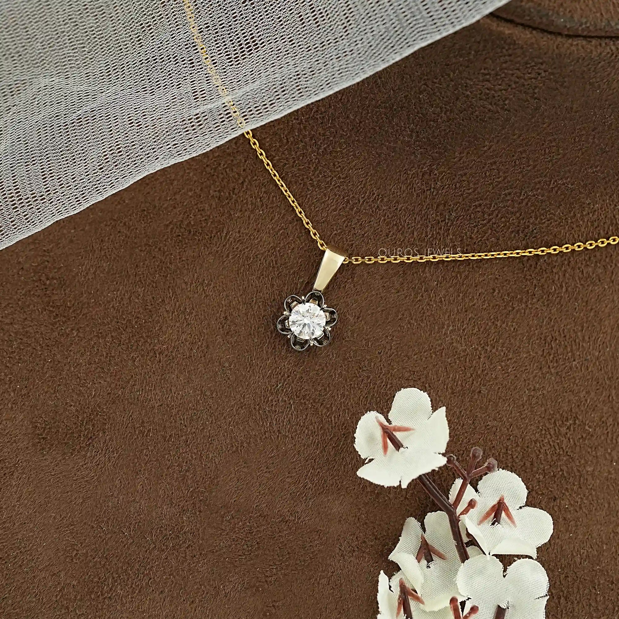 Round Lab Diamond Black Coated Flower Pendant Necklaces