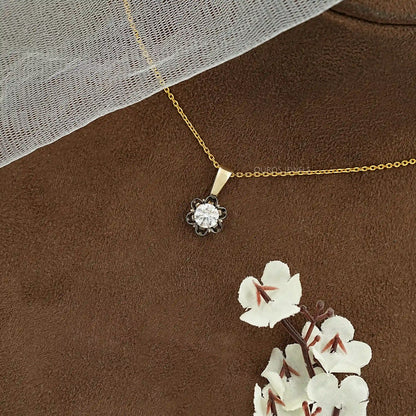 Round Lab Diamond Black Coated Flower Pendant Necklaces