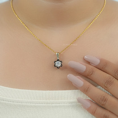 Round Lab Diamond Black Coated Flower Pendant Necklaces