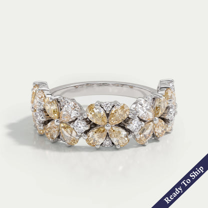 Yellow Pear Shape Floral Style Half Eternity Diamond Band Ring