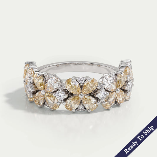 Yellow Pear Shape Floral Style Half Eternity Diamond Band