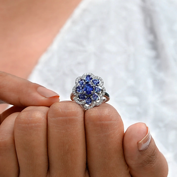 Blue Sapphire and Diamond Floral Halo Ring