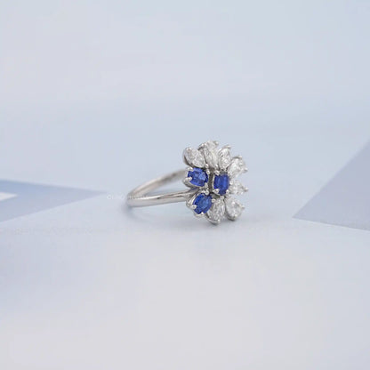 Blue Sapphire Oval Cut Gemstone Cluster Ring Ring