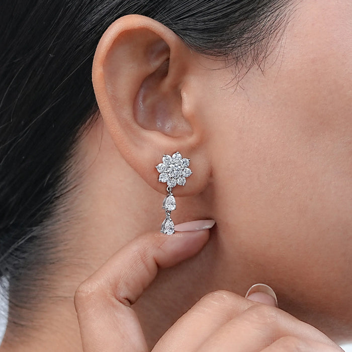 Round Cut Diamond Flower Drop Earrings