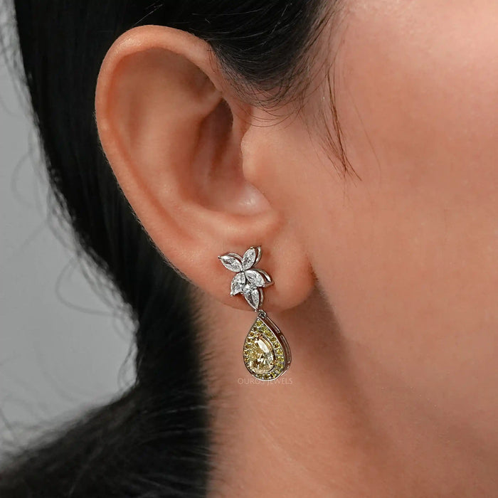 Yellow Pear Diamond Halo Drop Earrings