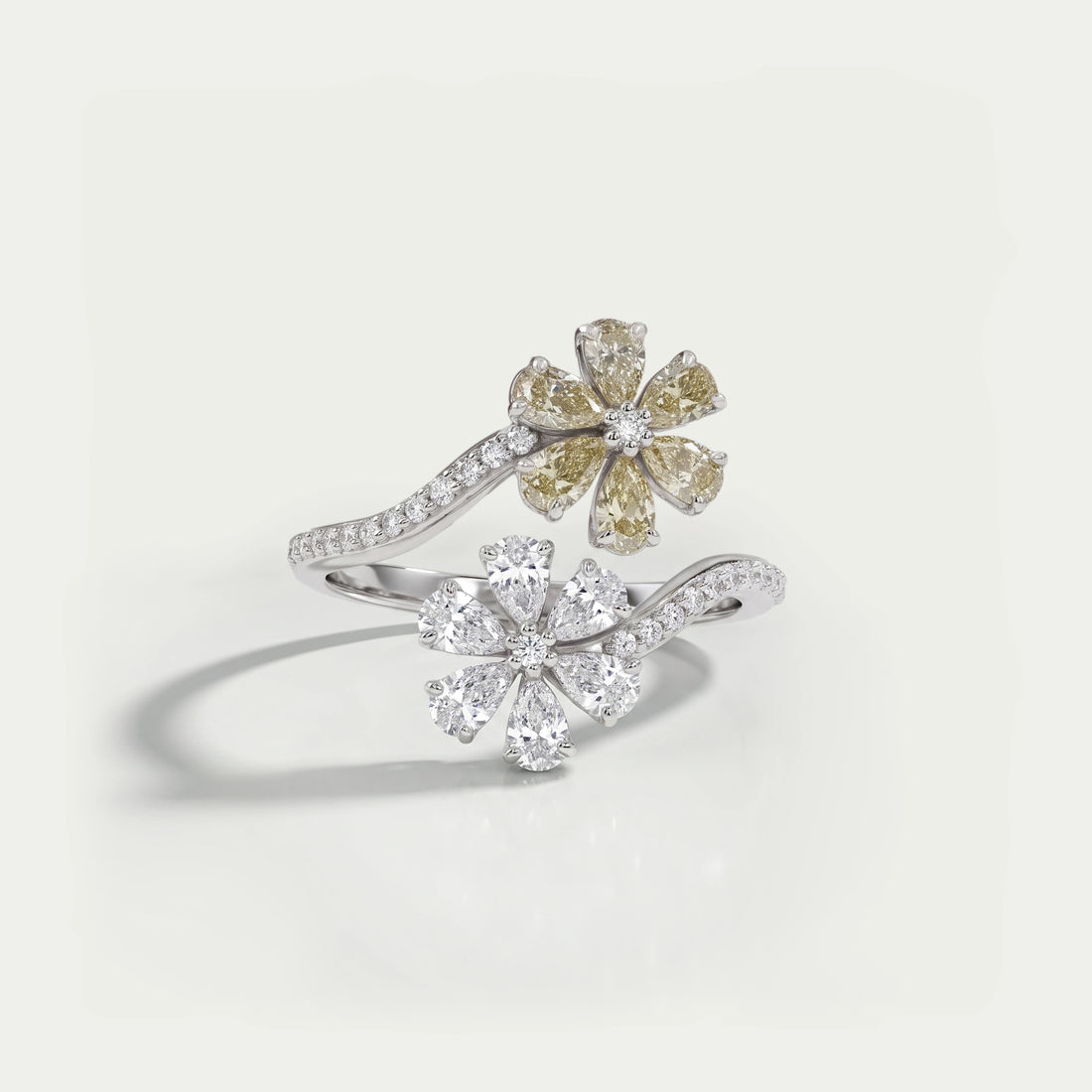 Flower Shape Yellow Pear Cut Lab Diamond Twin Bypass Ring