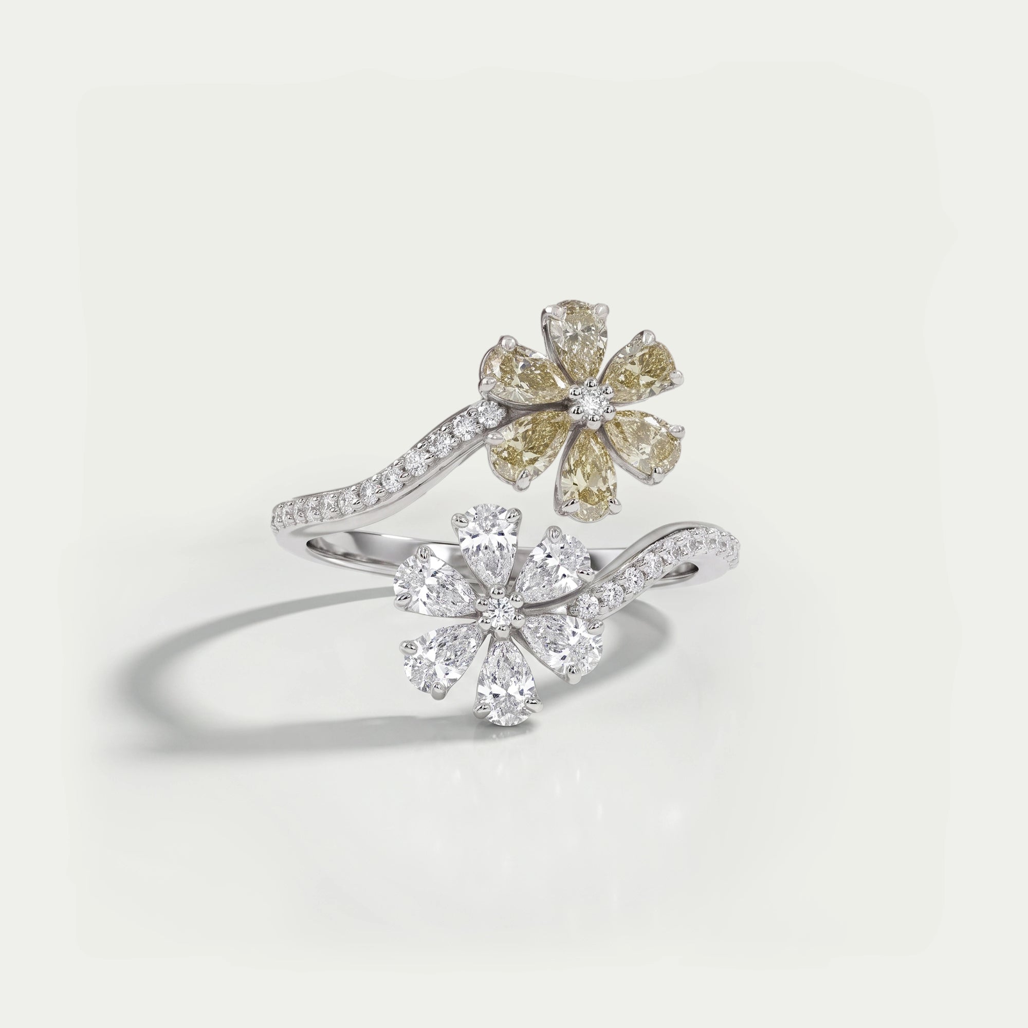 Flower Shape Yellow Pear Cut Lab Diamond Twin Bypass Ring