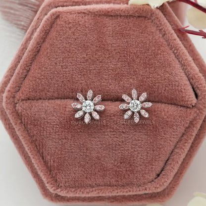 Pink Round Flower Shape Lab Diamond Stud Earrings