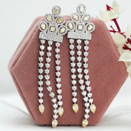front view of multi shaped lab made diamonds chandelier earrings silver