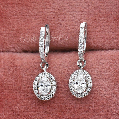 Oval Shape Lab Grown Diamond Halo Drop Earrings