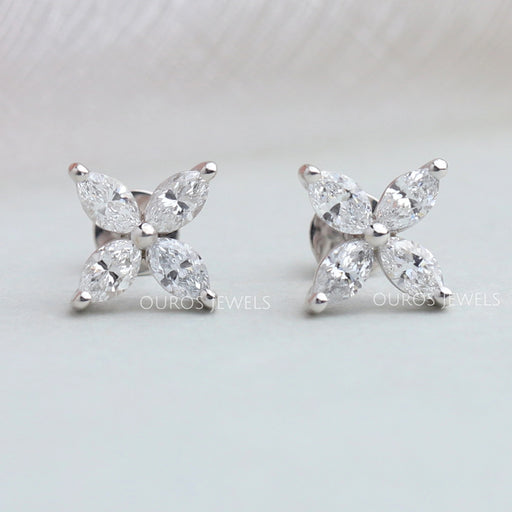 front view flower marquise cut lab grown diamond stud earrings white gold