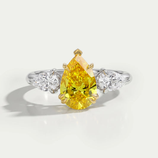 Yellow Pear Cut Lab Three Stone Diamond Ring