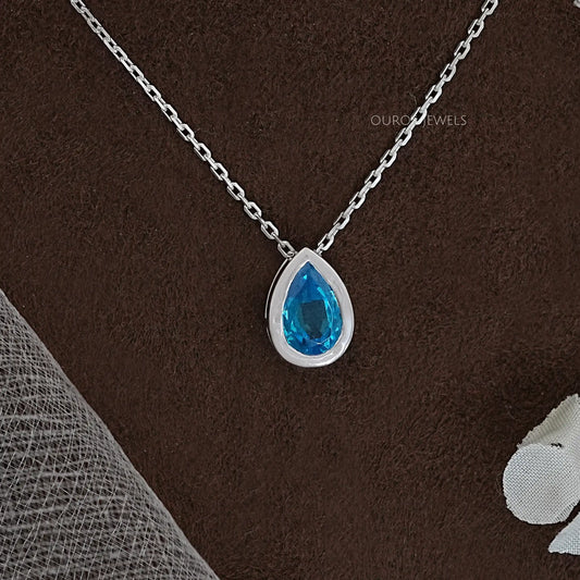 Aqua Blue Pear Gemstone Bezel Set Solitaire Pendant Necklaces