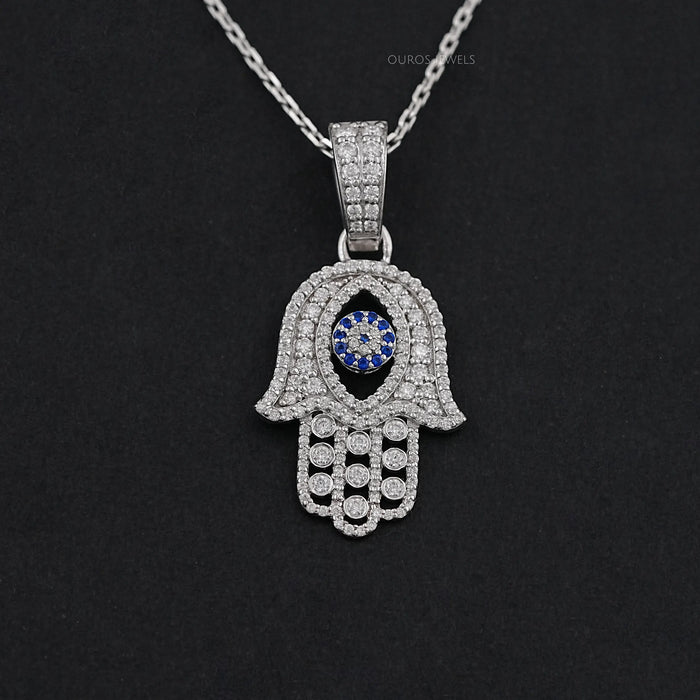 Sapphire And Lab Diamond Round Cut Hamsa Hand Men's Pendant