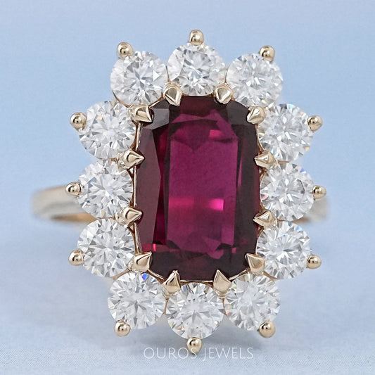 Ruby Elongated Cushion Gemstone Halo Diamond Ring Ring
