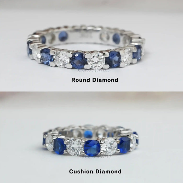 front view of blue cushion and round cut lab diamond eternity wedding band