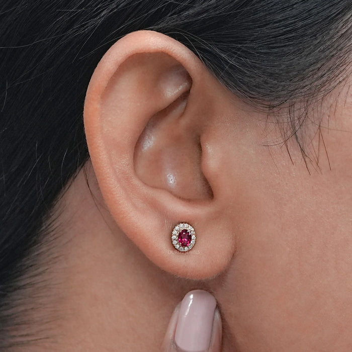 Ruby Oval Gemstone Halo Set Stud Earring