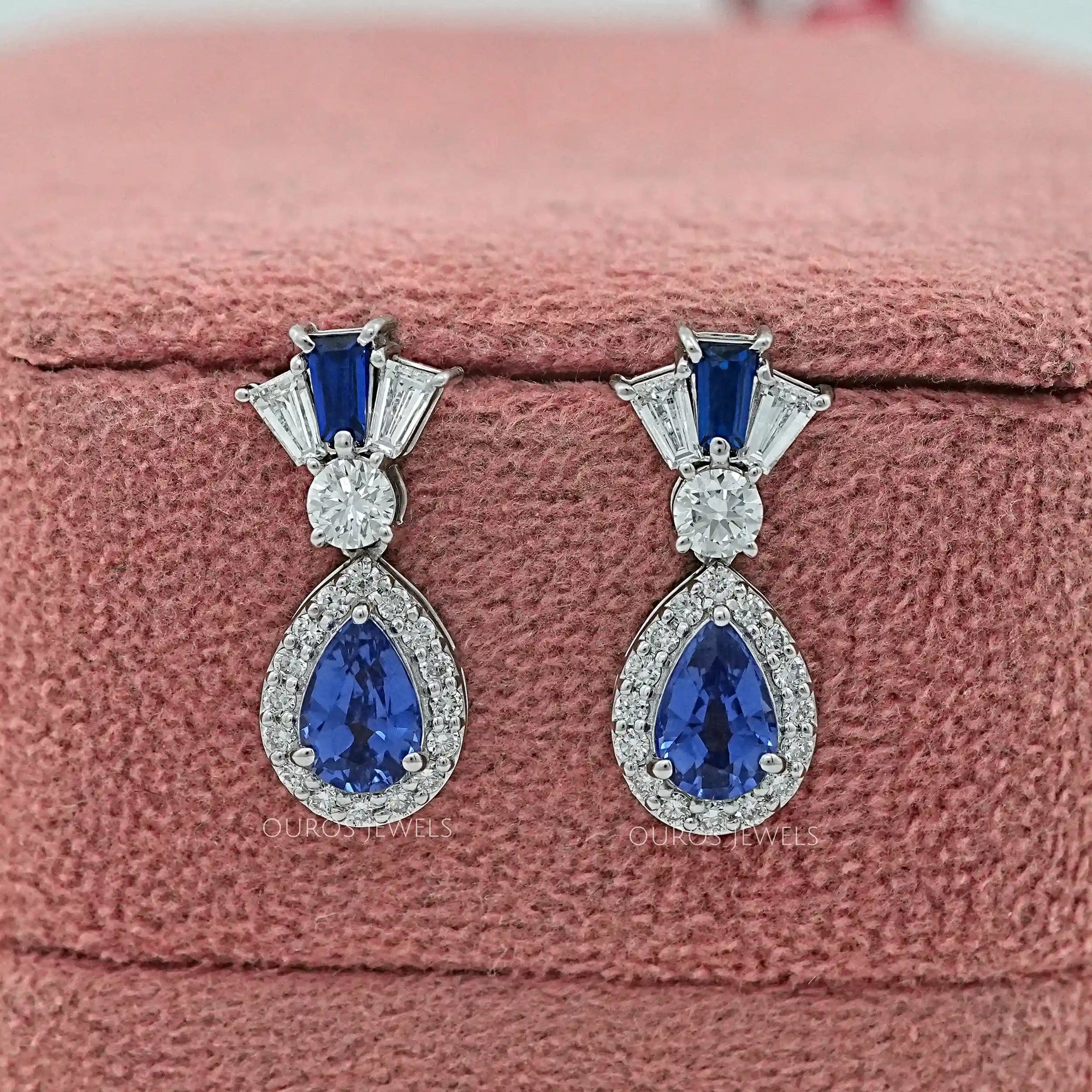 Pear Blue Gemstone And Tapered Baguette Halo Drop Earrings Earrings