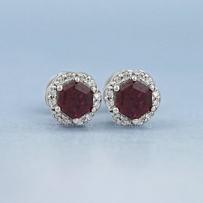Hexagon Cut Red Ruby Gemstone Halo Stud Earrings Earring