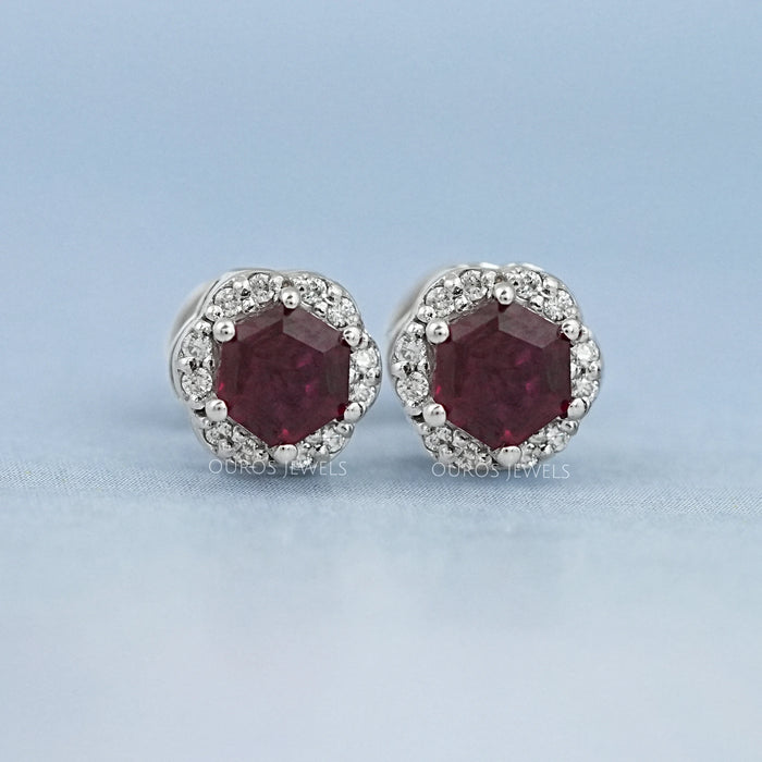Hexagon Cut Red Ruby Gemstone Halo Stud Earrings