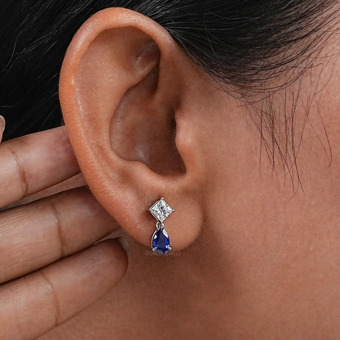 Pear Sapphire And  Princess Diamond Two Stone Earrings