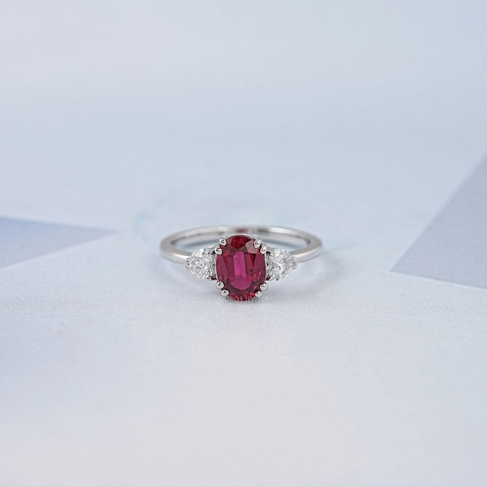 Oval Cut Red Ruby Three Stone Ring