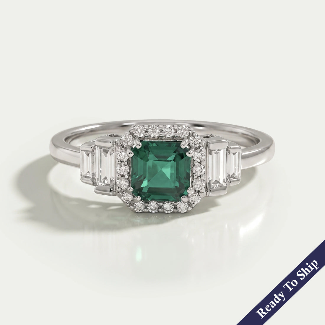 Green Asscher Gemstone Halo Diamond Engagement Ring