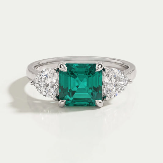 Green Asscher Gemstone Three Stone Engagement Ring Rings