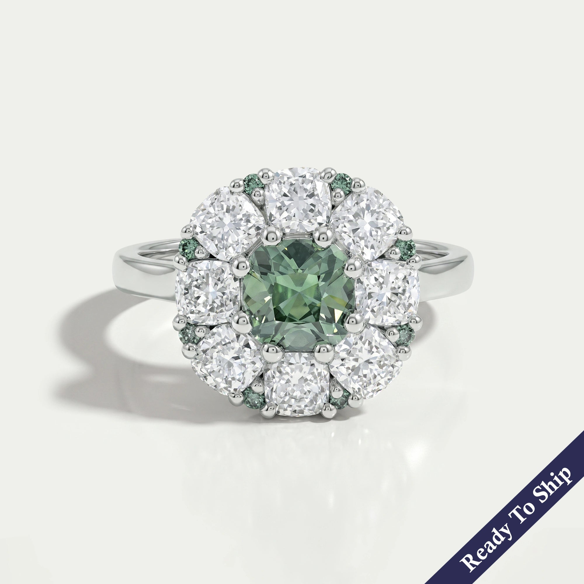 Green Cushion Diamond Halo Engagement Ring