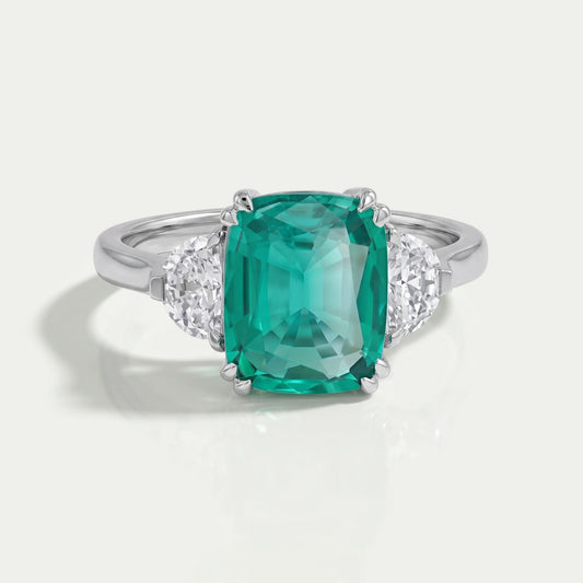 Green Cushion And Half Moon Trio Engagement Ring Rings