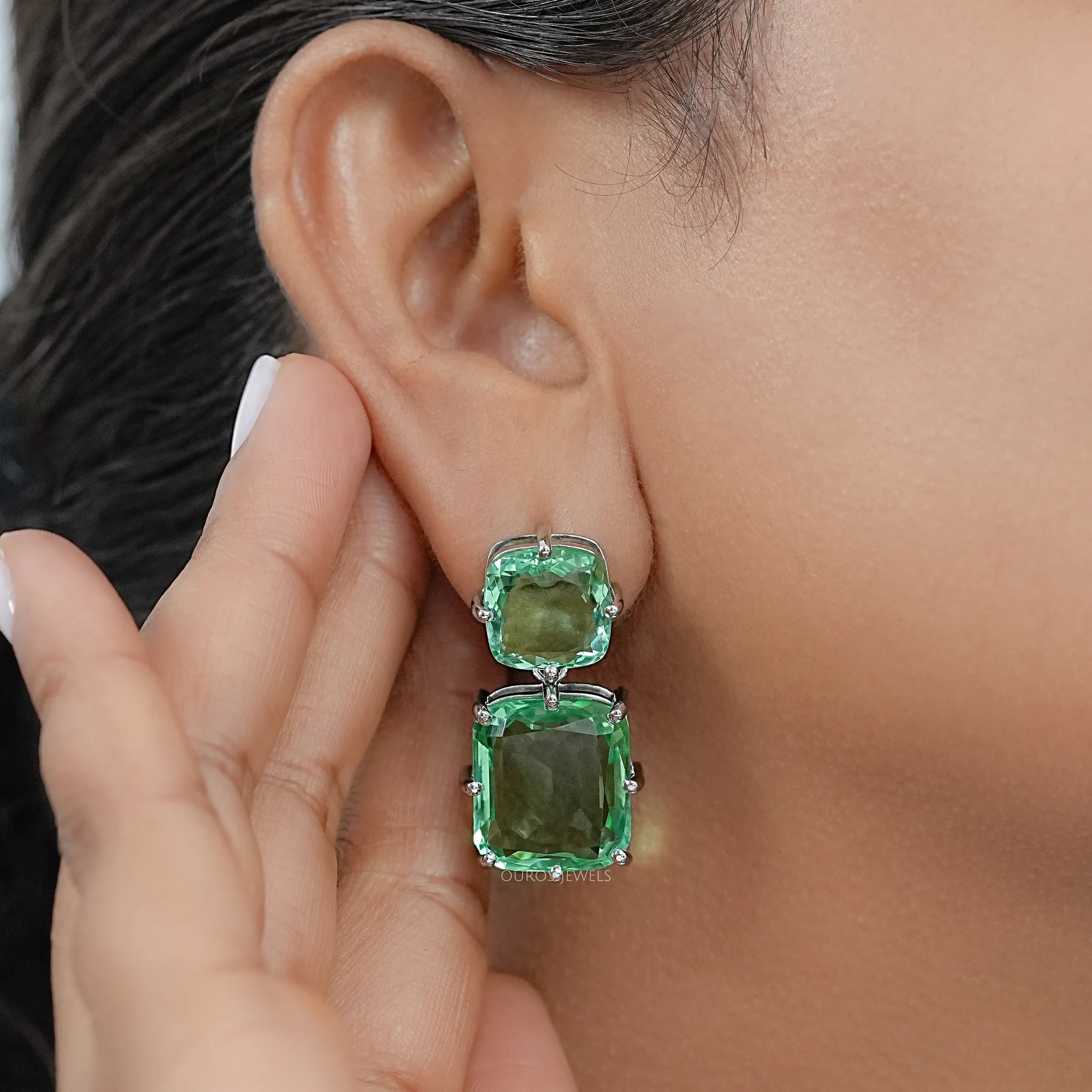 Mint Green Cushion Gemstone Drop Earrings Earrings